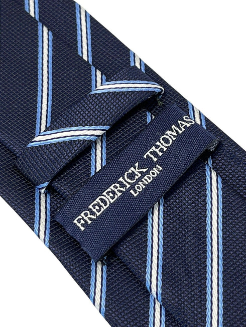 dark navy blue tie with thin light blue and white stripe